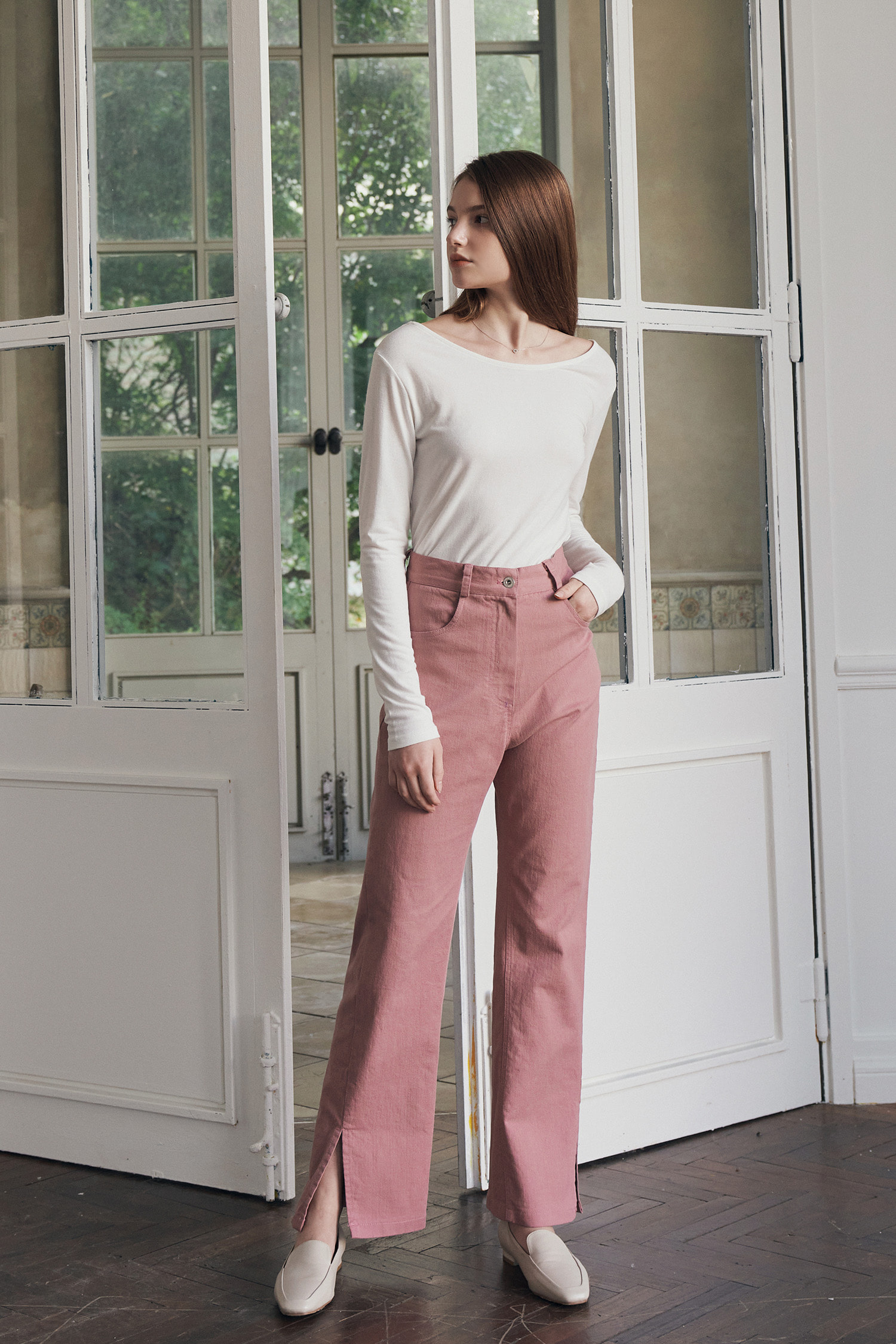 Flat wide slit cotton pants - pink