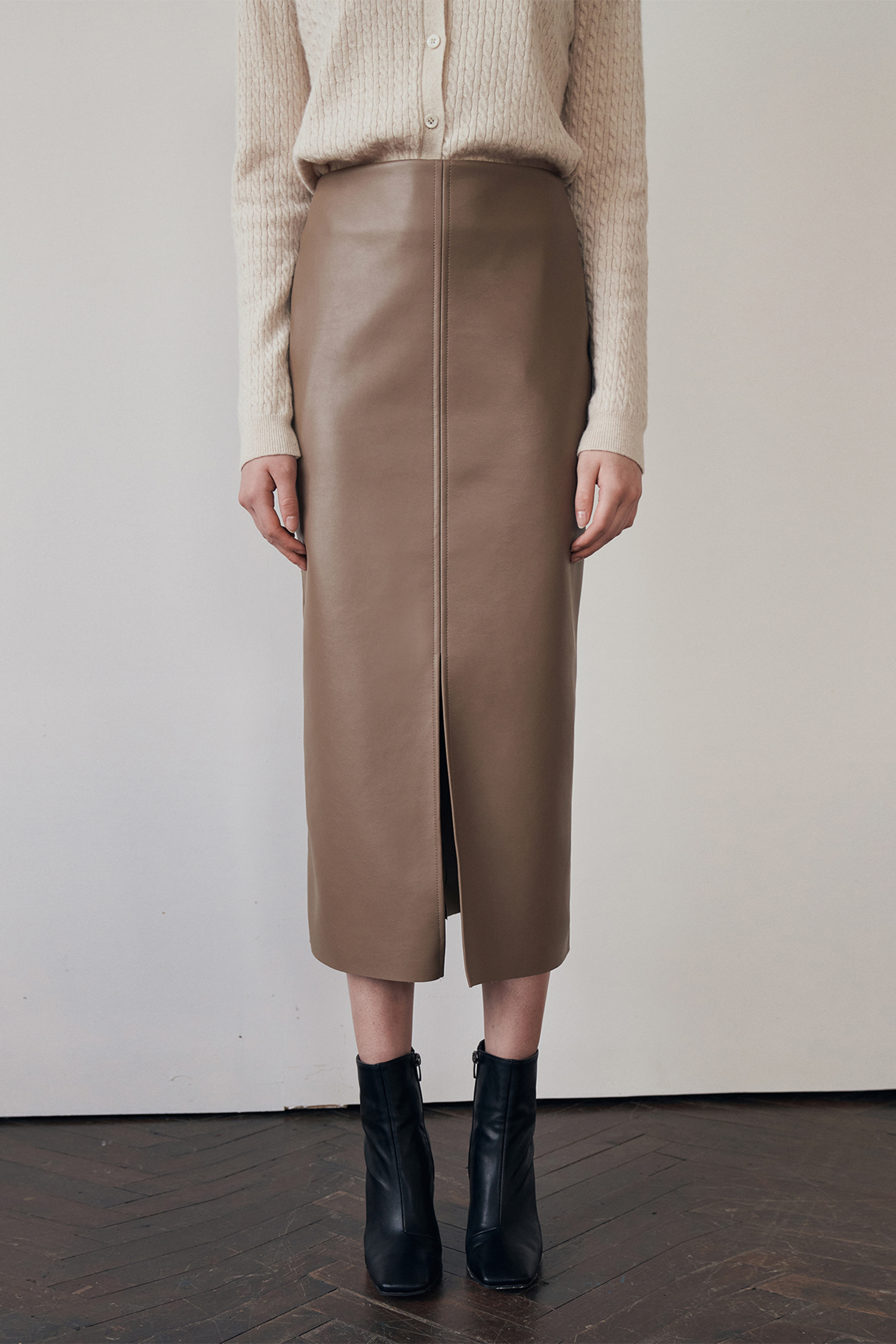 Leather slit H-line skirt - brown